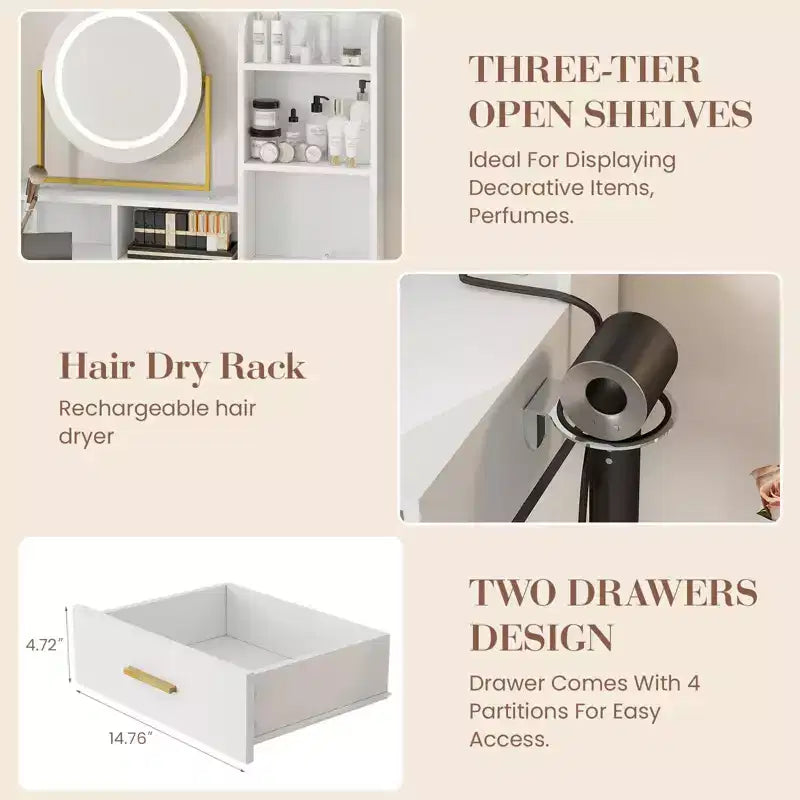 Coiffeuse avec miroir rotatif, Coiffeuse de maquillage avec miroir réglable, Coiffeuse avec 2 tiroirs, Étagères de rangement et Tabouret pour chambre à coucher
