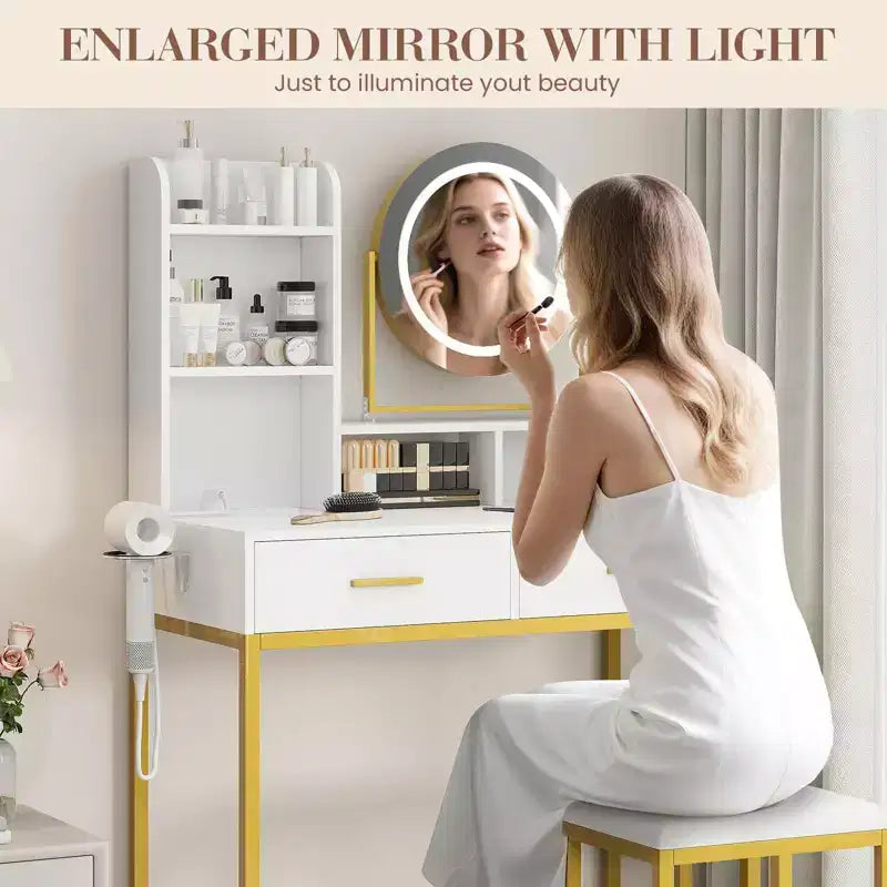 Coiffeuse avec miroir rotatif, Coiffeuse de maquillage avec miroir réglable, Coiffeuse avec 2 tiroirs, Étagères de rangement et Tabouret pour chambre à coucher