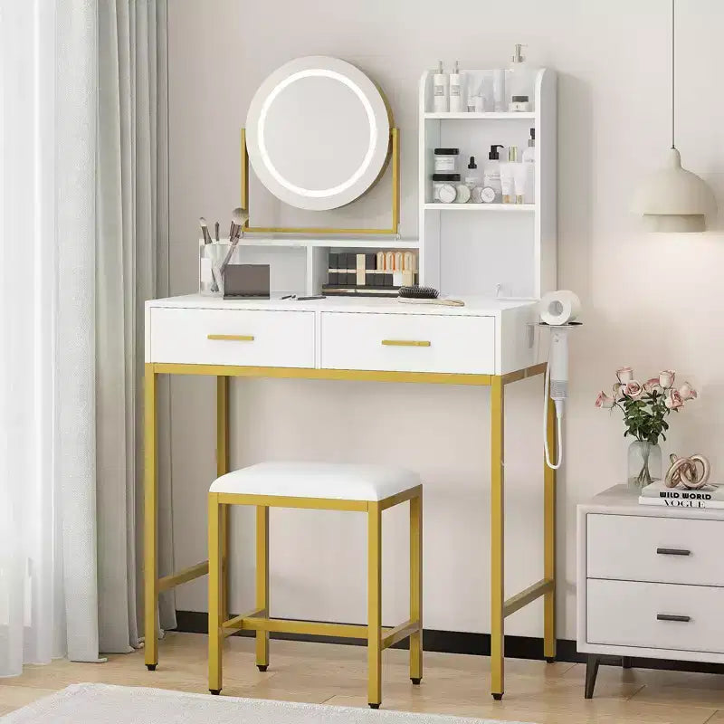 Coiffeuse avec miroir rotatif, Coiffeuse de maquillage avec miroir réglable, Coiffeuse avec 2 tiroirs, Étagères de rangement et Tabouret pour chambre à coucher