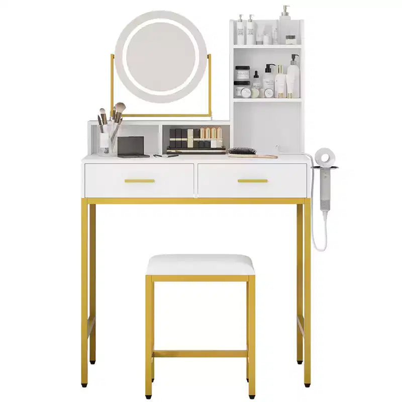Coiffeuse avec miroir rotatif, Coiffeuse de maquillage avec miroir réglable, Coiffeuse avec 2 tiroirs, Étagères de rangement et Tabouret pour chambre à coucher