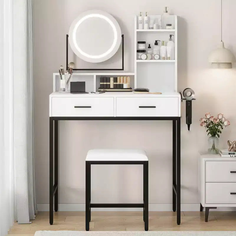 Coiffeuse avec miroir rotatif, Coiffeuse de maquillage avec miroir réglable, Coiffeuse avec 2 tiroirs, Étagères de rangement et Tabouret pour chambre à coucher