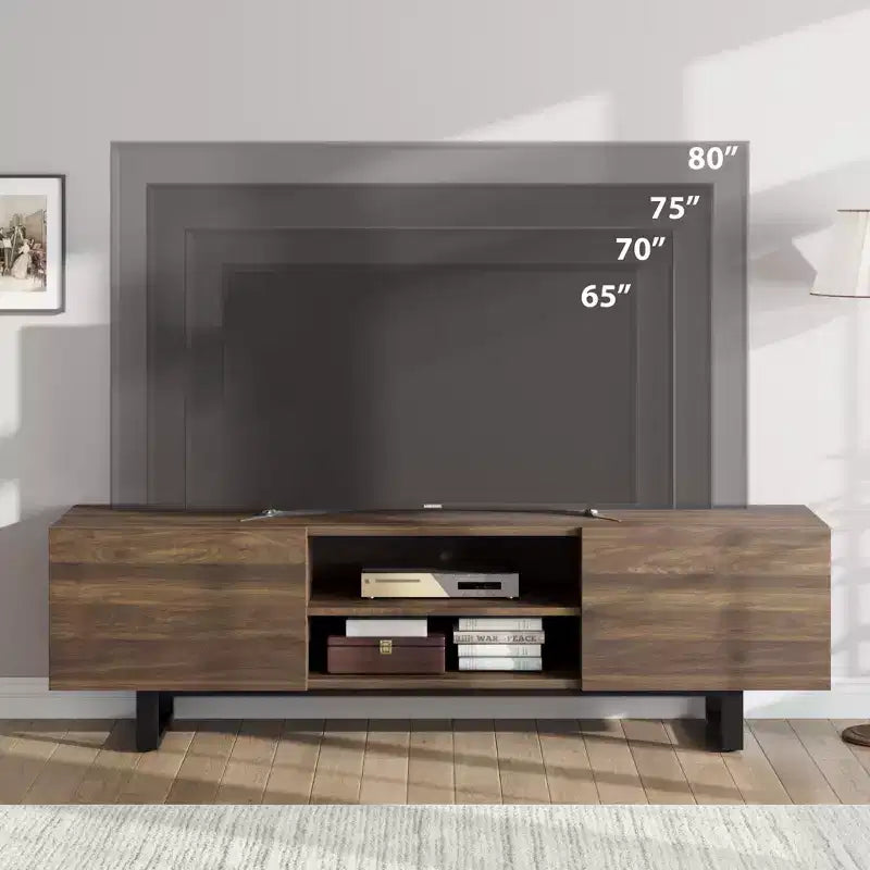 Meuble TV de style industriel avec deux tiroirs, convient pour TV de 80 pouces, meuble média en bois pour salons