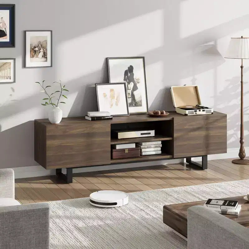 Meuble TV de style industriel avec deux tiroirs, convient pour TV de 80 pouces, meuble média en bois pour salons