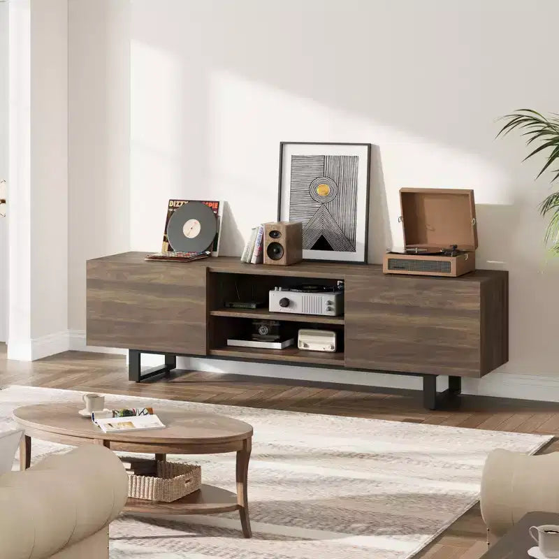 Meuble TV de style industriel avec deux tiroirs, convient pour TV de 80 pouces, meuble média en bois pour salons