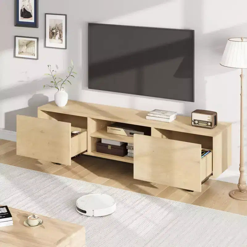 Meuble TV de style industriel avec deux tiroirs, convient pour TV de 80 pouces, meuble média en bois pour salons