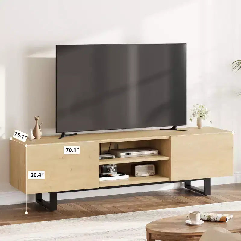Meuble TV de style industriel avec deux tiroirs, convient pour TV de 80 pouces, meuble média en bois pour salons