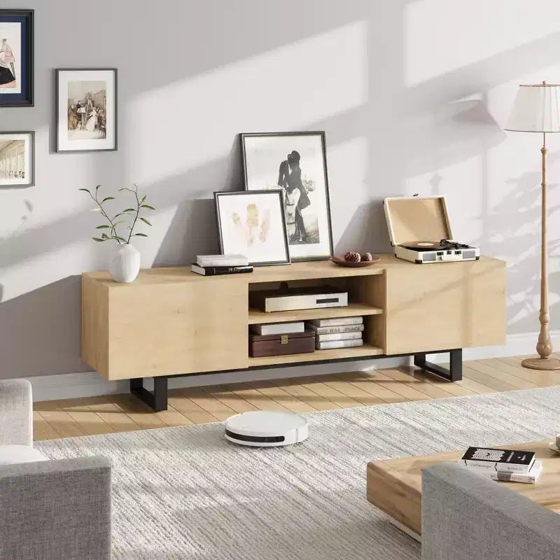 Meuble TV de style industriel avec deux tiroirs, convient pour TV de 80 pouces, meuble média en bois pour salons