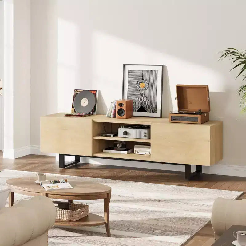 Meuble TV de style industriel avec deux tiroirs, convient pour TV de 80 pouces, meuble média en bois pour salons