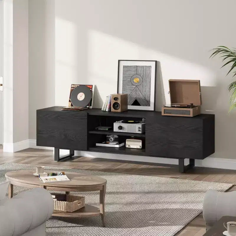 Meuble TV de style industriel avec deux tiroirs, convient pour TV de 80 pouces, meuble média en bois pour salons