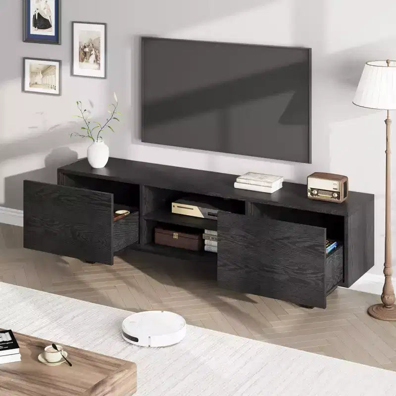 Meuble TV de style industriel avec deux tiroirs, convient pour TV de 80 pouces, meuble média en bois pour salons