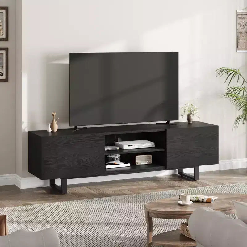 Meuble TV de style industriel avec deux tiroirs, convient pour TV de 80 pouces, meuble média en bois pour salons
