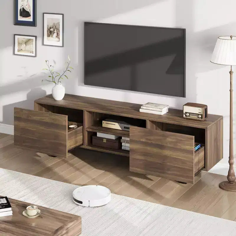 Meuble TV de style industriel avec deux tiroirs, convient pour TV de 80 pouces, meuble média en bois pour salons