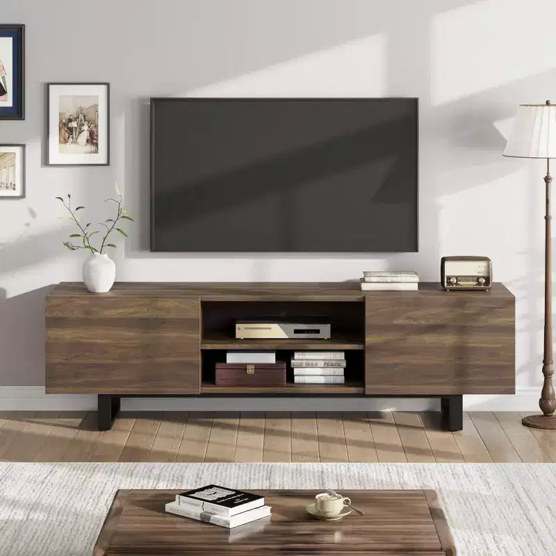 Meuble TV de style industriel avec deux tiroirs, convient pour TV de 80 pouces, meuble média en bois pour salons