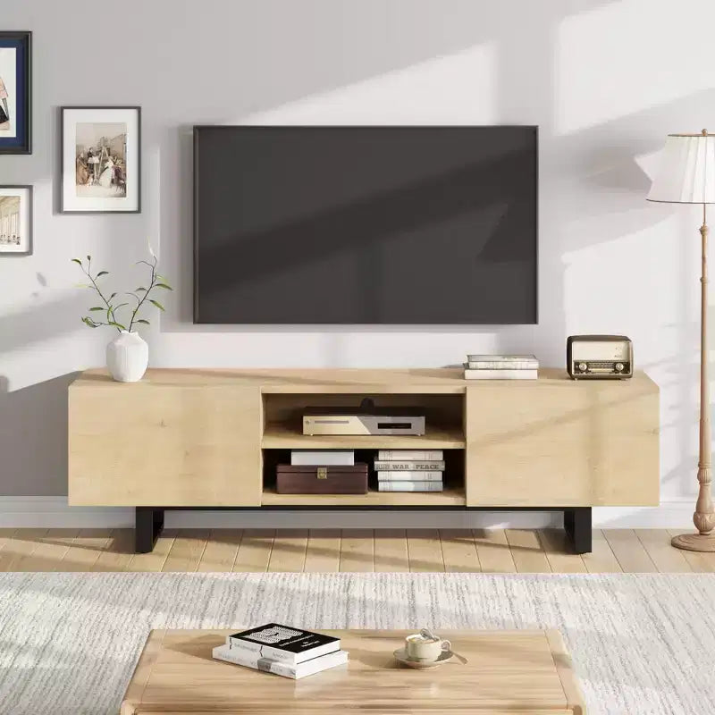 Meuble TV de style industriel avec deux tiroirs, convient pour TV de 80 pouces, meuble média en bois pour salons
