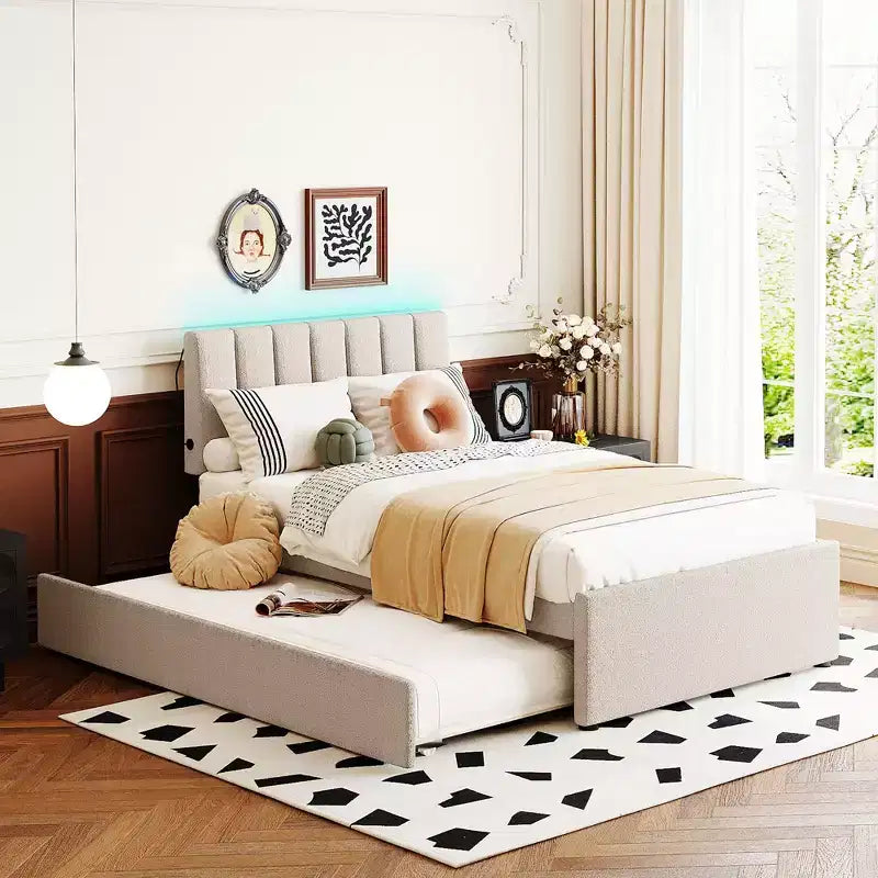 Lit plateforme rembourré en molleton Teddy pour lits jumeaux avec lit gigogne et lumières LED