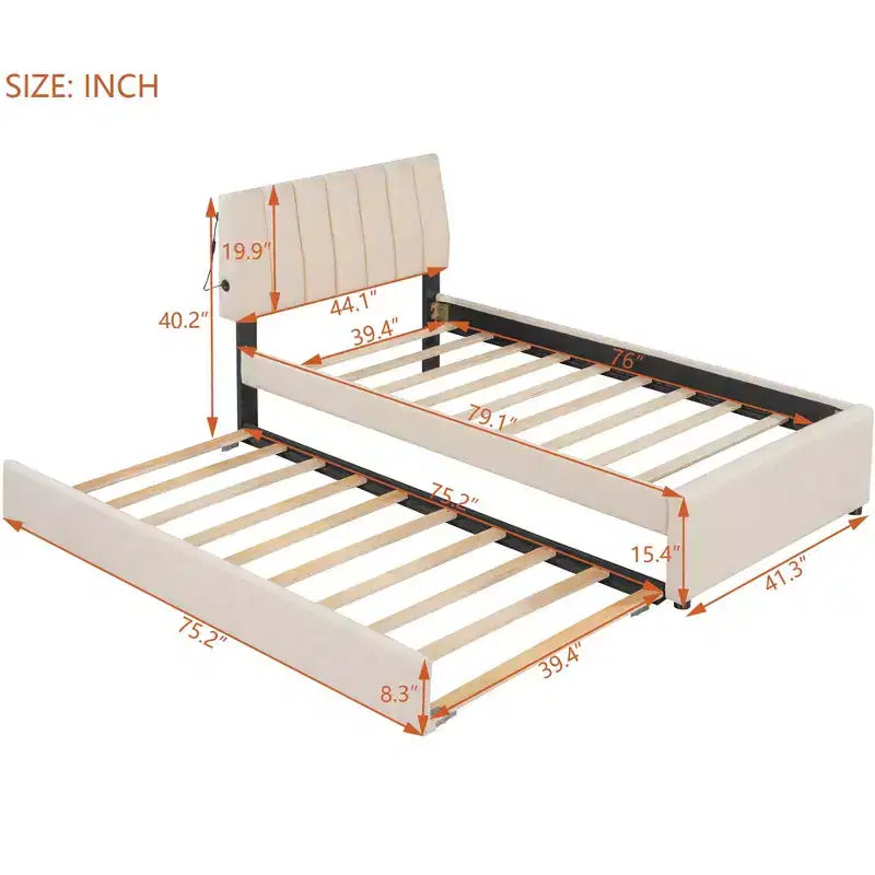 Lit plateforme rembourré en molleton Teddy pour lits jumeaux avec lit gigogne et lumières LED