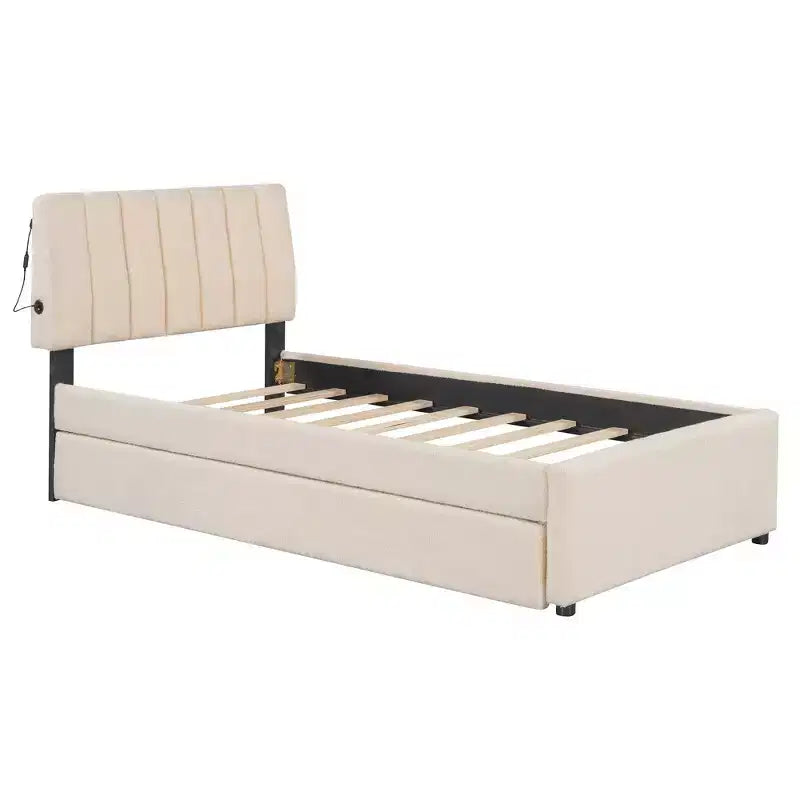 Lit plateforme rembourré en molleton Teddy pour lits jumeaux avec lit gigogne et lumières LED