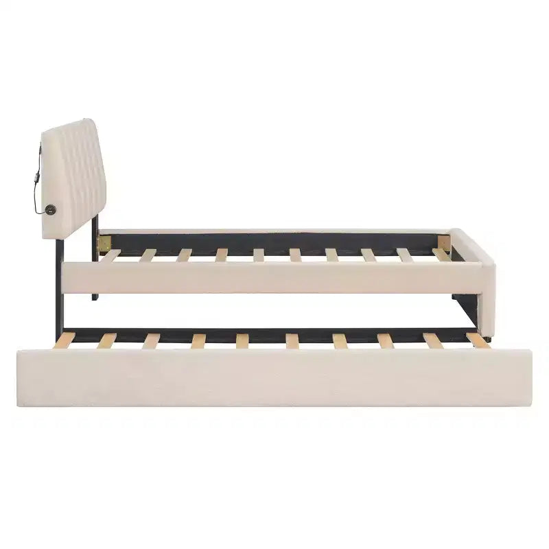 Lit plateforme rembourré en molleton Teddy pour lits jumeaux avec lit gigogne et lumières LED