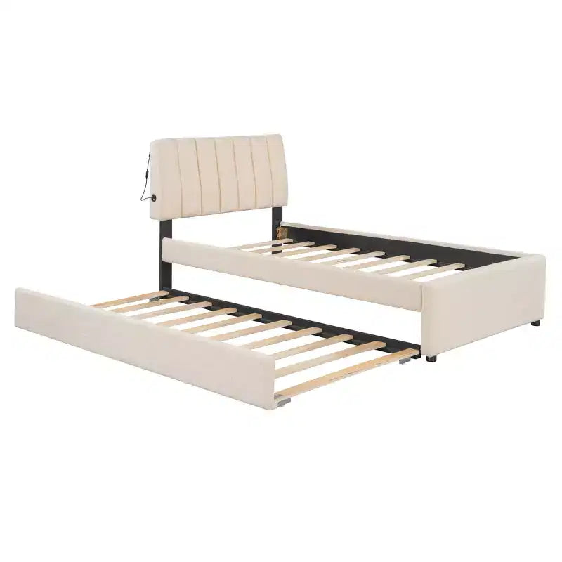 Lit plateforme rembourré en molleton Teddy pour lits jumeaux avec lit gigogne et lumières LED
