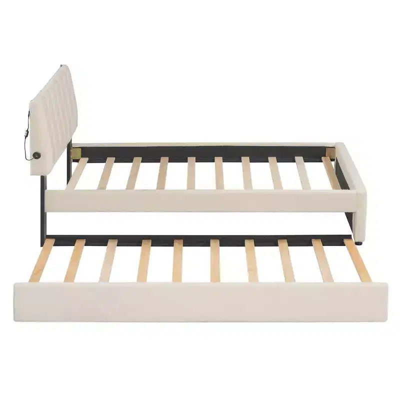 Lit plateforme rembourré en molleton Teddy pour lits jumeaux avec lit gigogne et lumières LED