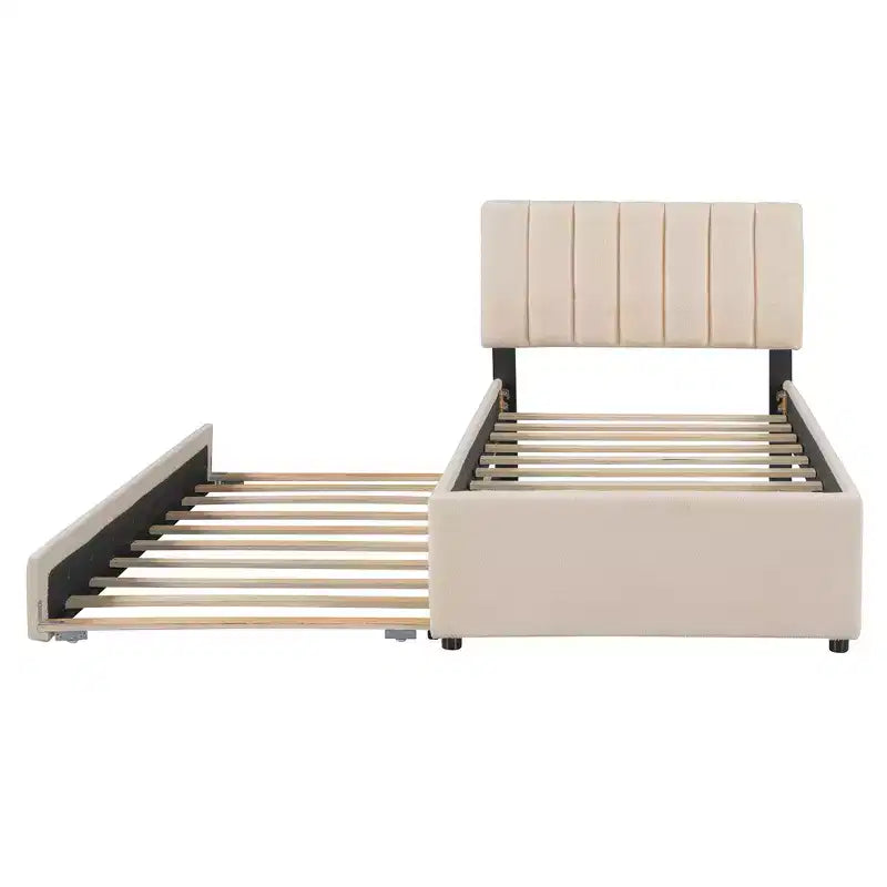 Lit plateforme rembourré en molleton Teddy pour lits jumeaux avec lit gigogne et lumières LED