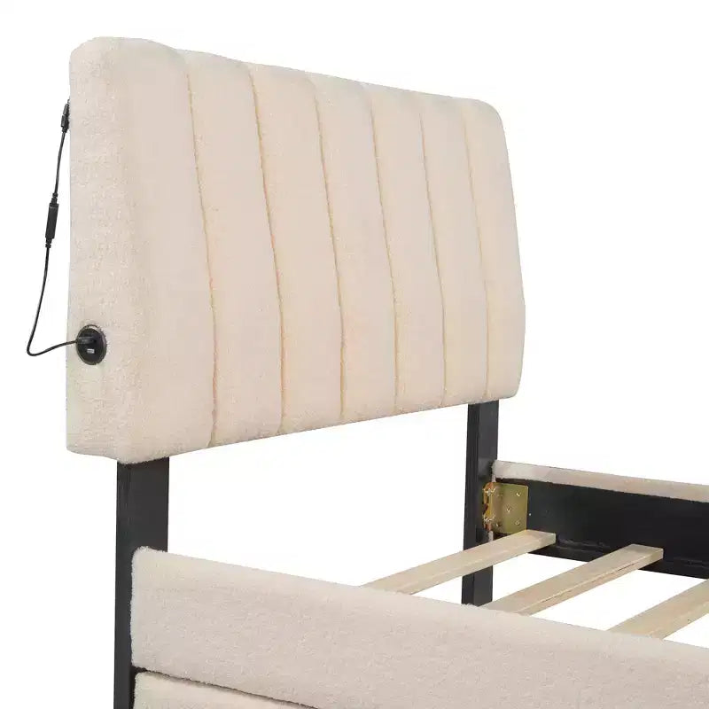 Lit plateforme rembourré en molleton Teddy pour lits jumeaux avec lit gigogne et lumières LED