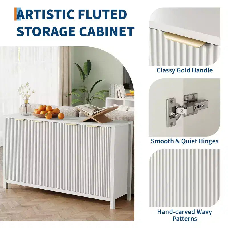 Buffet moderne cannelé de 55", armoire de rangement, buffet/crédence en bois à 4 portes avec étagère réglable pour salle à manger, cuisine et salon
