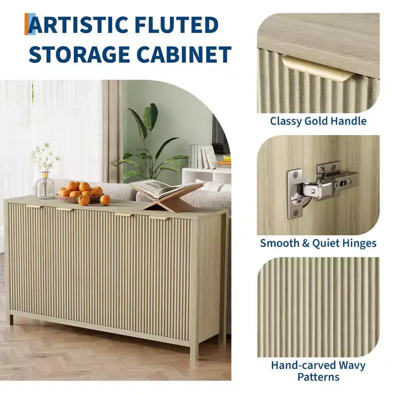 Buffet moderne cannelé de 55", armoire de rangement, buffet/crédence en bois à 4 portes avec étagère réglable pour salle à manger, cuisine et salon