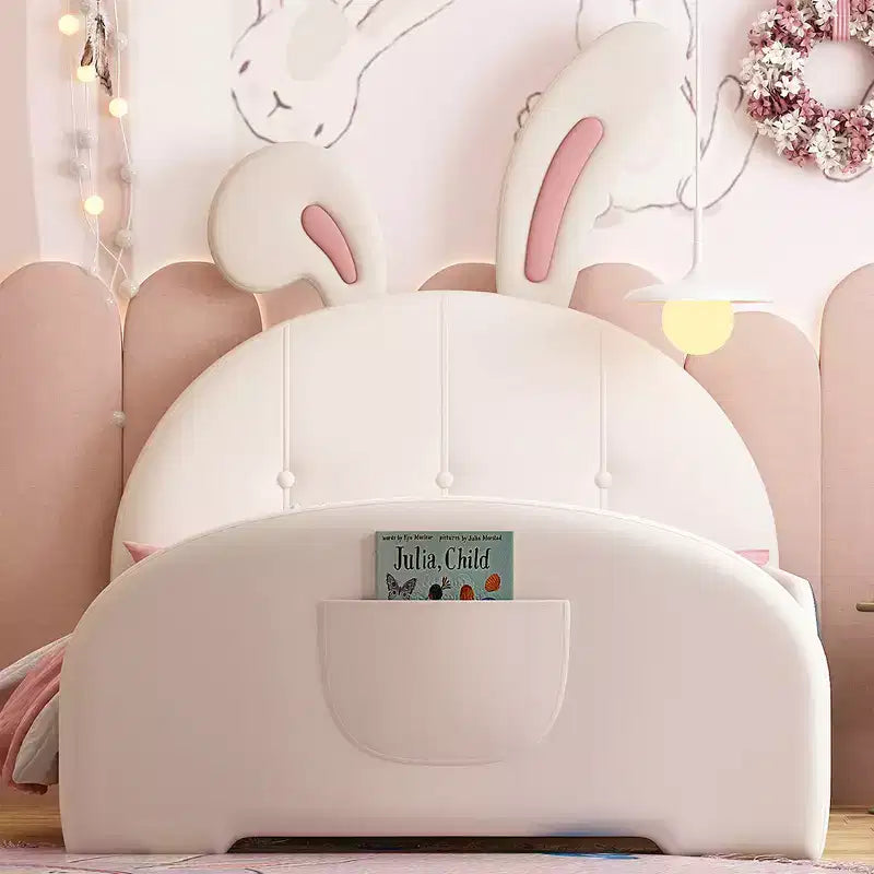 Lit capitonné simple, Cadre de lit princesse en forme de lapin pour garçons et filles, Lit plateforme simple avec tête de lit et panneau de pied pour enfants