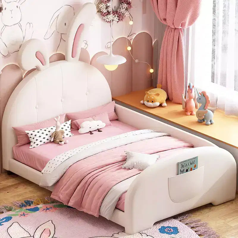 Lit capitonné simple, Cadre de lit princesse en forme de lapin pour garçons et filles, Lit plateforme simple avec tête de lit et panneau de pied pour enfants