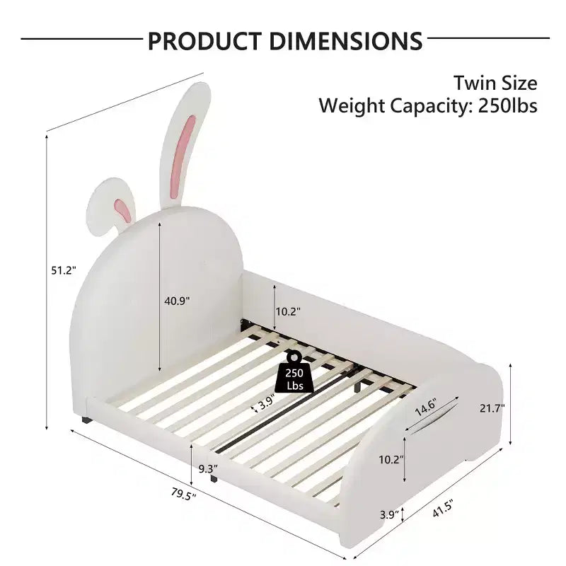 Lit capitonné simple, Cadre de lit princesse en forme de lapin pour garçons et filles, Lit plateforme simple avec tête de lit et panneau de pied pour enfants