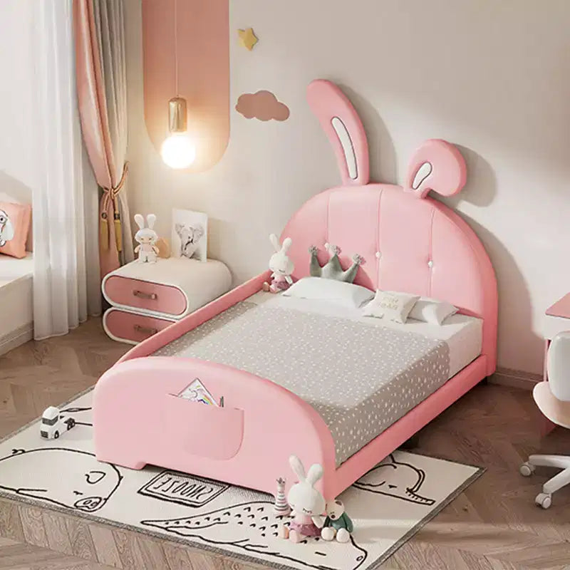 Lit capitonné simple, Cadre de lit princesse en forme de lapin pour garçons et filles, Lit plateforme simple avec tête de lit et panneau de pied pour enfants