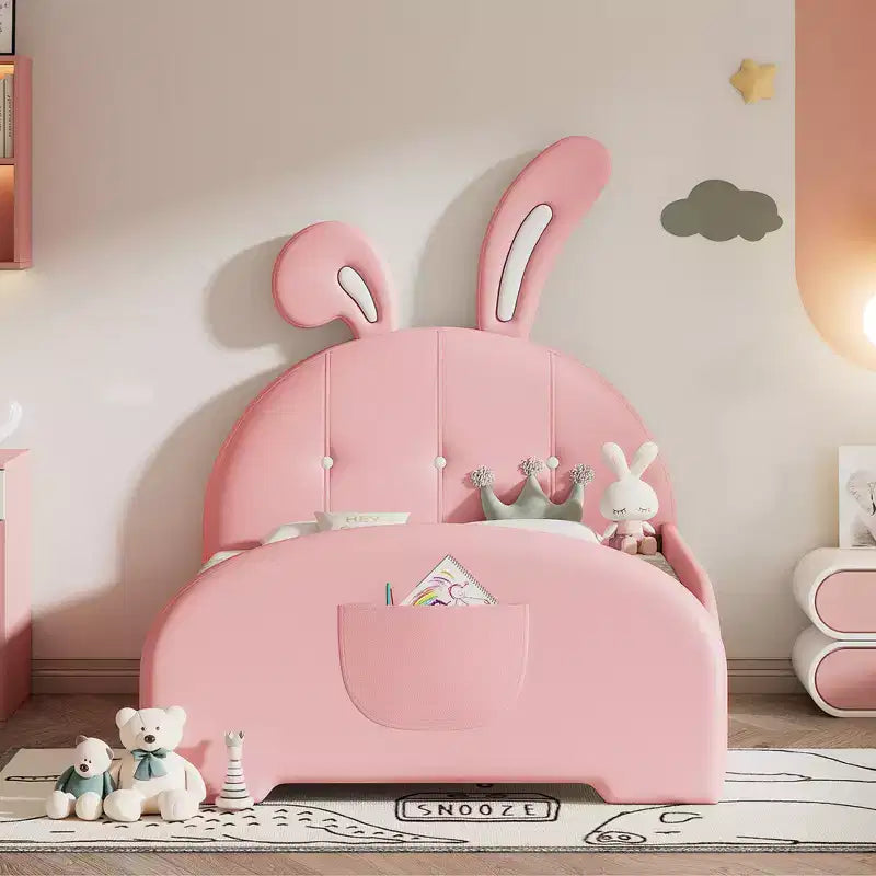 Lit capitonné simple, Cadre de lit princesse en forme de lapin pour garçons et filles, Lit plateforme simple avec tête de lit et panneau de pied pour enfants
