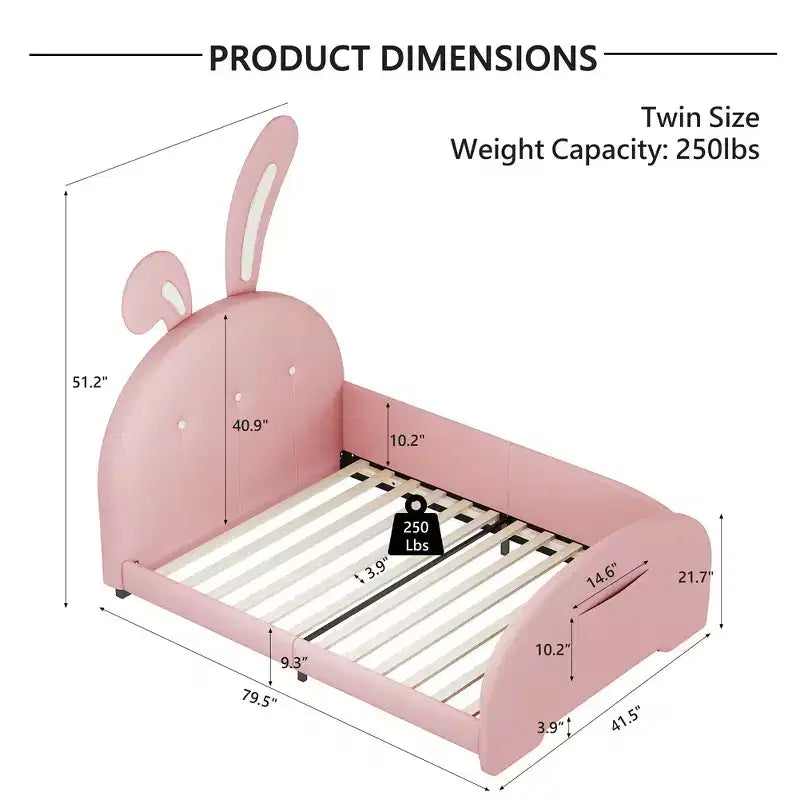 Lit capitonné simple, Cadre de lit princesse en forme de lapin pour garçons et filles, Lit plateforme simple avec tête de lit et panneau de pied pour enfants