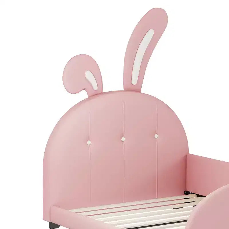 Lit capitonné simple, Cadre de lit princesse en forme de lapin pour garçons et filles, Lit plateforme simple avec tête de lit et panneau de pied pour enfants