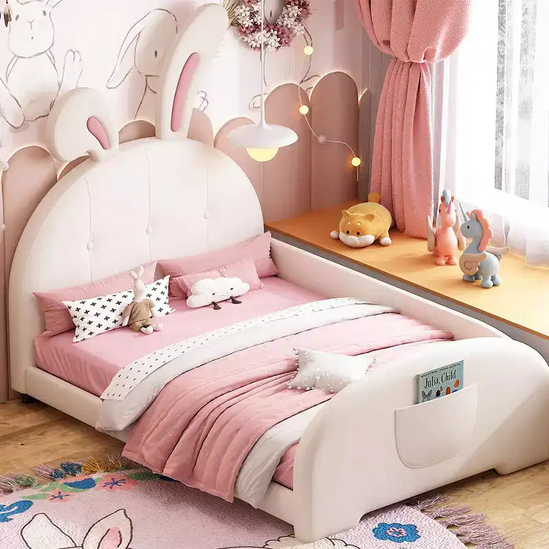 Lit capitonné simple, Cadre de lit princesse en forme de lapin pour garçons et filles, Lit plateforme simple avec tête de lit et panneau de pied pour enfants