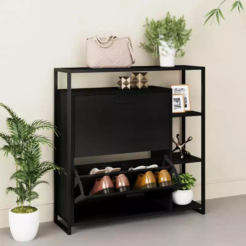 Meuble à chaussures 2 portes avec 4 étagères, organiseur de rangement moderne, cadre en métal noir, 2 tiroirs basculants