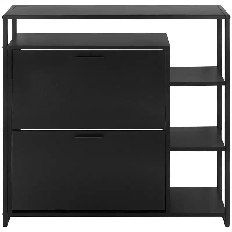 Meuble à chaussures 2 portes avec 4 étagères, organiseur de rangement moderne, cadre en métal noir, 2 tiroirs basculants