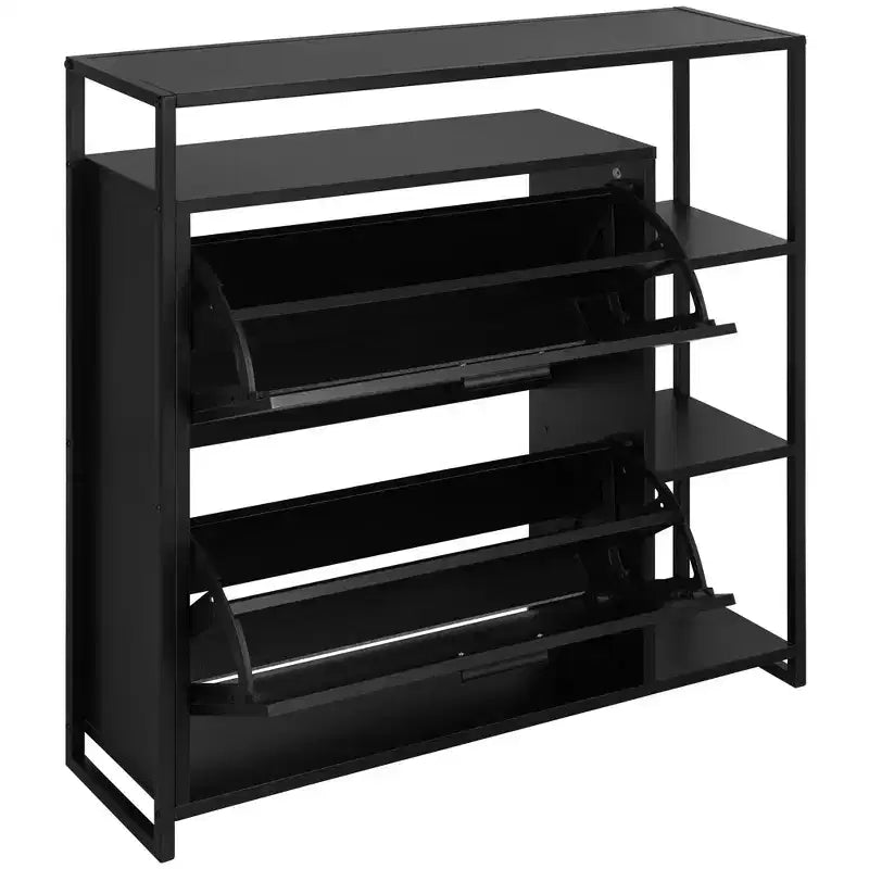 Meuble à chaussures 2 portes avec 4 étagères, organiseur de rangement moderne, cadre en métal noir, 2 tiroirs basculants