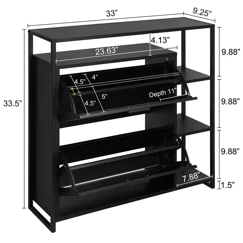 Meuble à chaussures 2 portes avec 4 étagères, organiseur de rangement moderne, cadre en métal noir, 2 tiroirs basculants