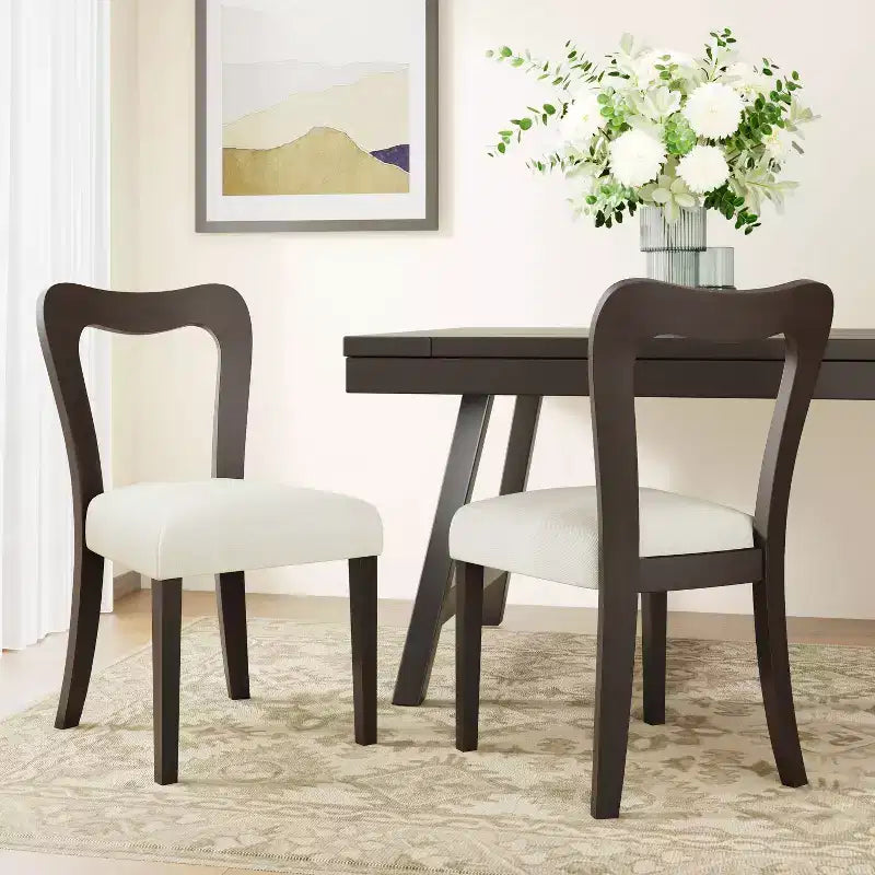 Chaises de salle à manger tapissées en bois d'hévéa avec dossier ouvert incurvé Beige/Marron foncé