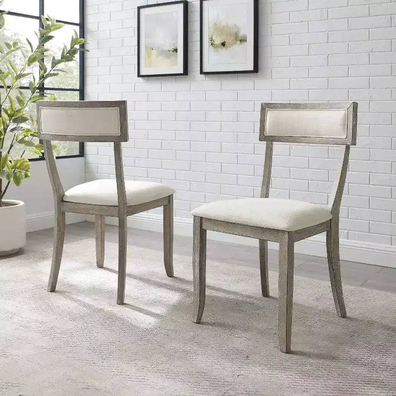 Chaises de salle à manger Gris délavé rustique : Rembourrées, Pieds en hévéa, Rembourrage en mousse