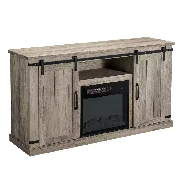 Meuble TV avec portes coulissantes et cheminée électrique pour téléviseurs jusqu'à 60", Chêne gris antique