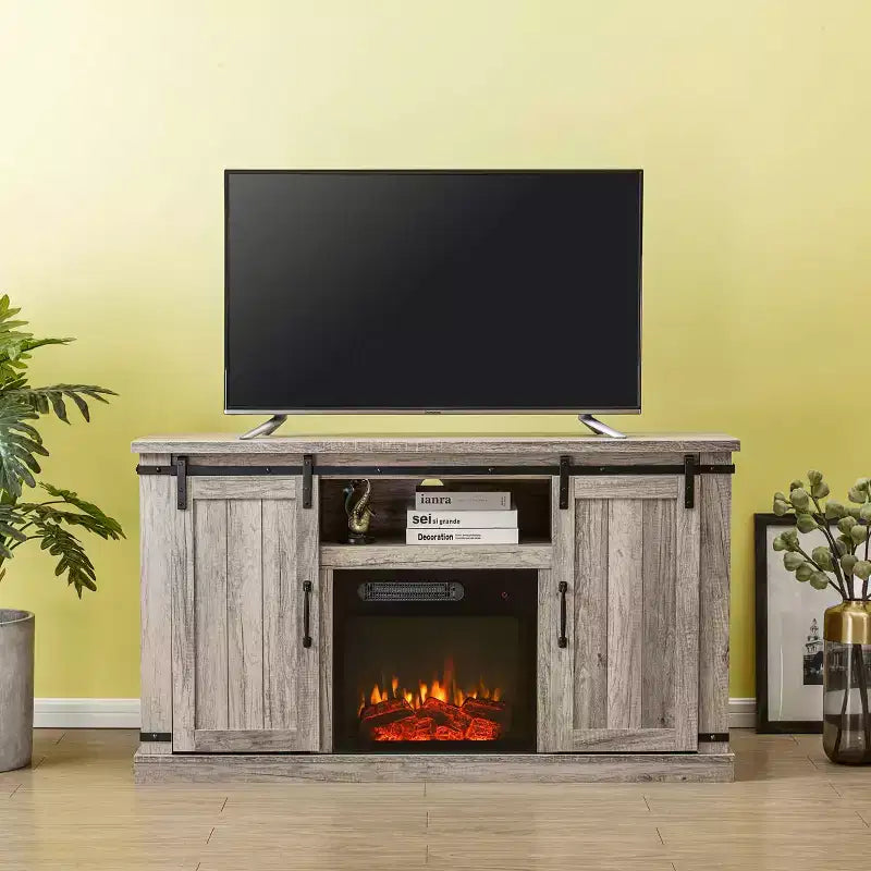 Meuble TV avec portes coulissantes et cheminée électrique pour téléviseurs jusqu'à 60", Chêne gris antique