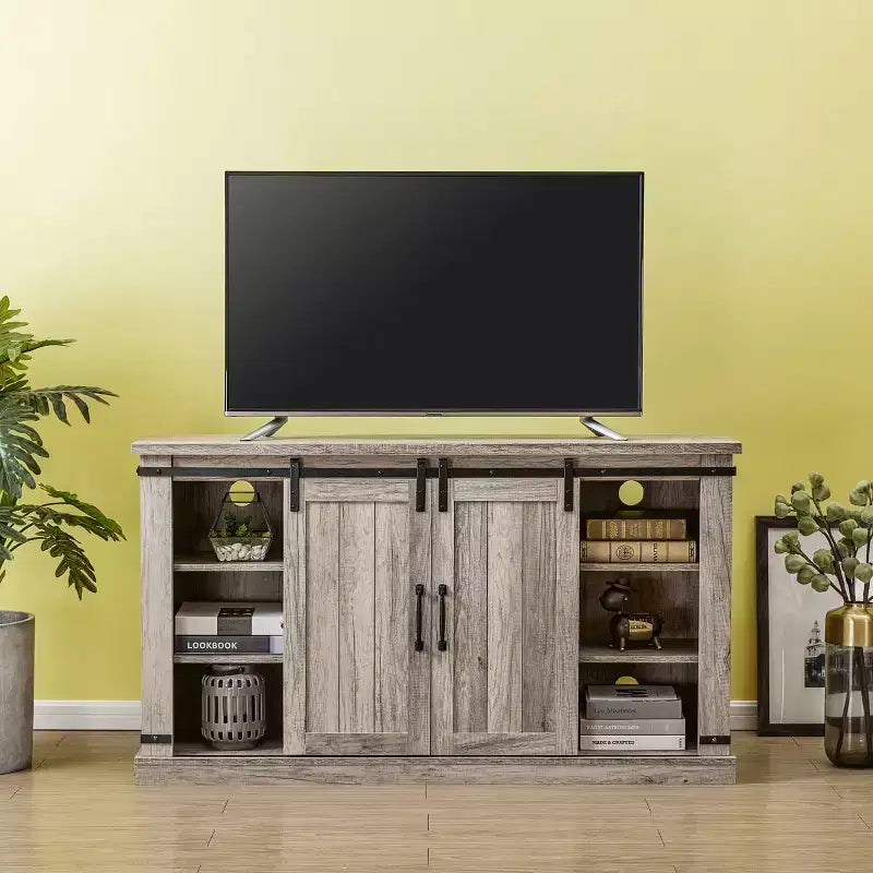 Meuble TV avec portes coulissantes et cheminée électrique pour téléviseurs jusqu'à 60", Chêne gris antique