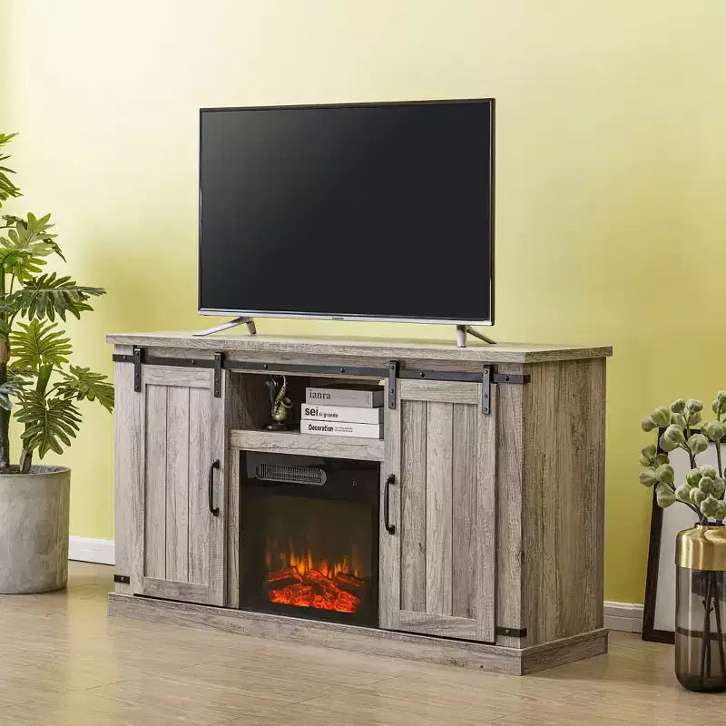 Meuble TV avec portes coulissantes et cheminée électrique pour téléviseurs jusqu'à 60", Chêne gris antique