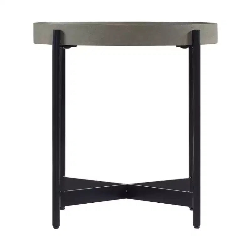 Table d'appoint ronde en bois avec revêtement en béton, Gris béton - Plateau chic en forme de plateau, Cadre en X robuste