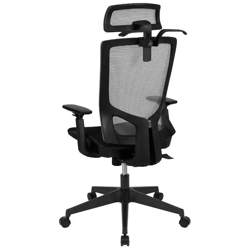 Fauteuil de bureau ergonomique en maille avec mécanisme synchrone, appui-tête réglable en inclinaison, support lombaire, porte-manteau et accoudoirs réglables