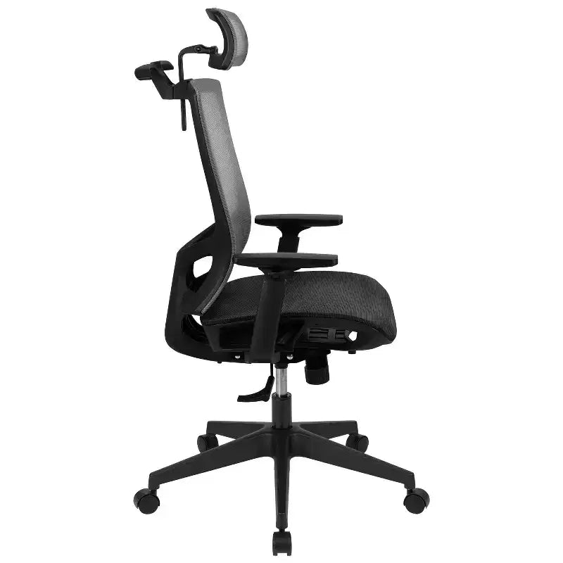Fauteuil de bureau ergonomique en maille avec mécanisme synchrone, appui-tête réglable en inclinaison, support lombaire, porte-manteau et accoudoirs réglables