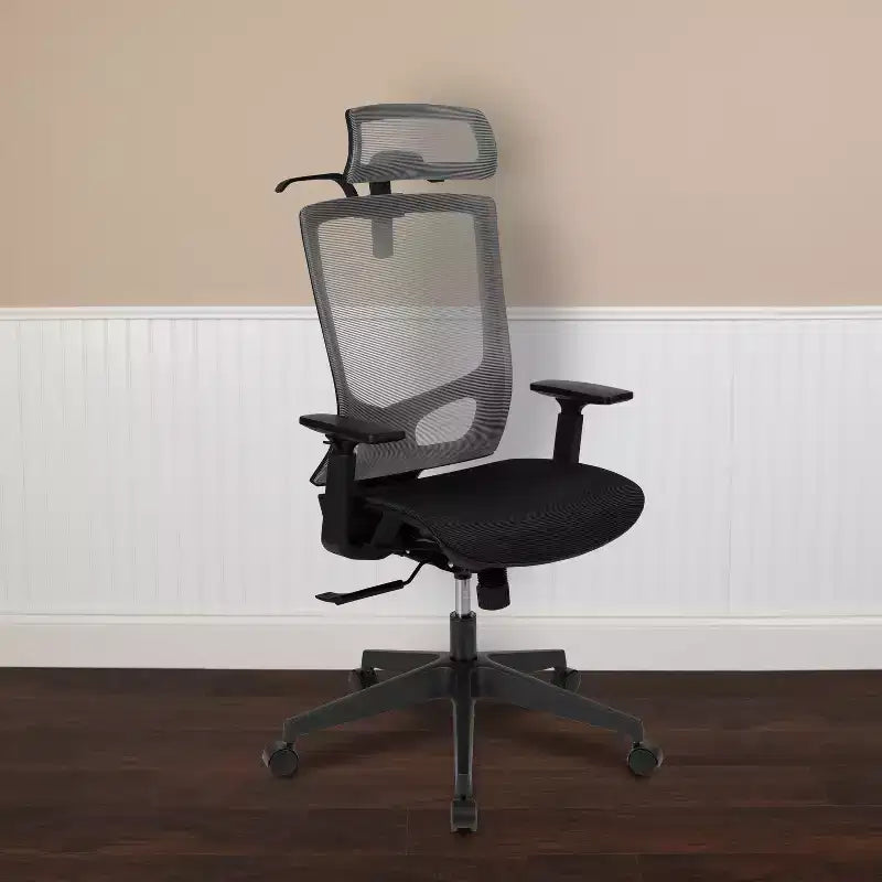 Fauteuil de bureau ergonomique en maille avec mécanisme synchrone, appui-tête réglable en inclinaison, support lombaire, porte-manteau et accoudoirs réglables